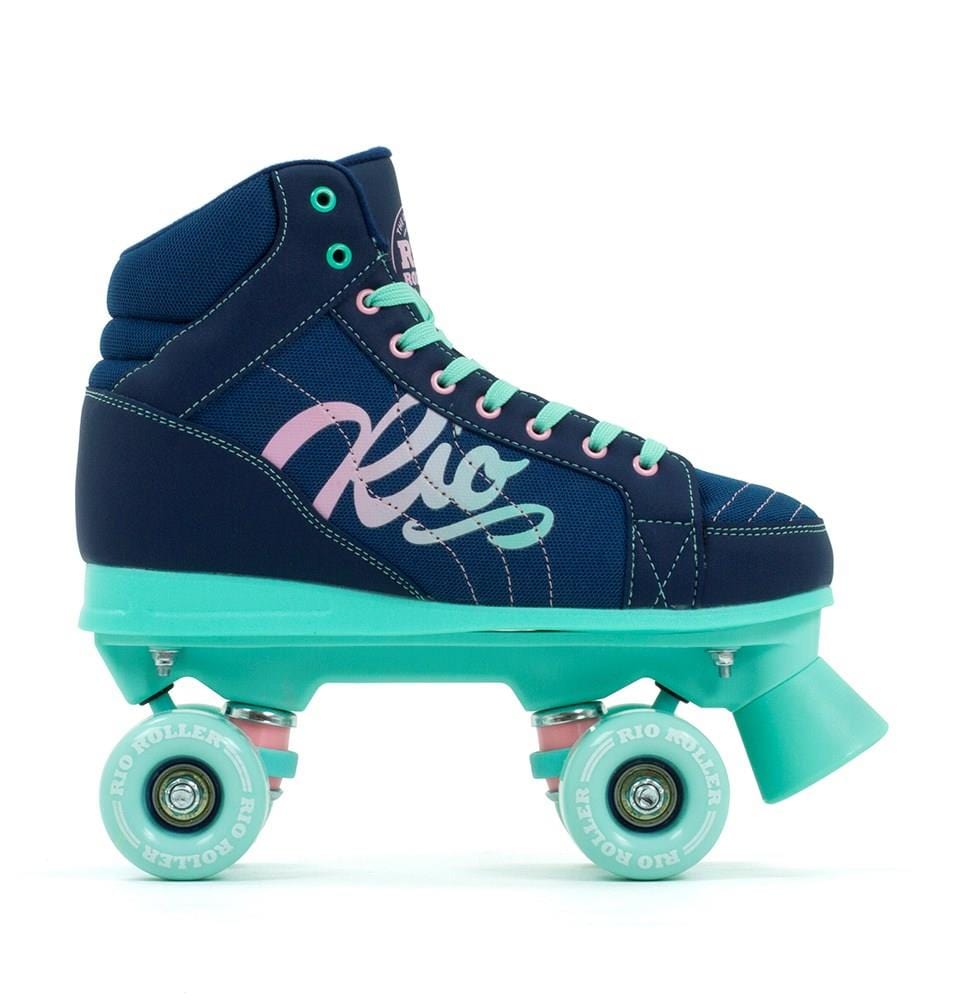 The Rio Roller Lumina Quad Roller Skates in Navy and Green are eye-catching roller skates that feature colorful "Rio" lettering. They come with green wheels, robust nylon trucks, matching laces, and a durable front stopper. Designed with a retro flair, these skates boast a vibrant PVC leather boot for style and comfort.
