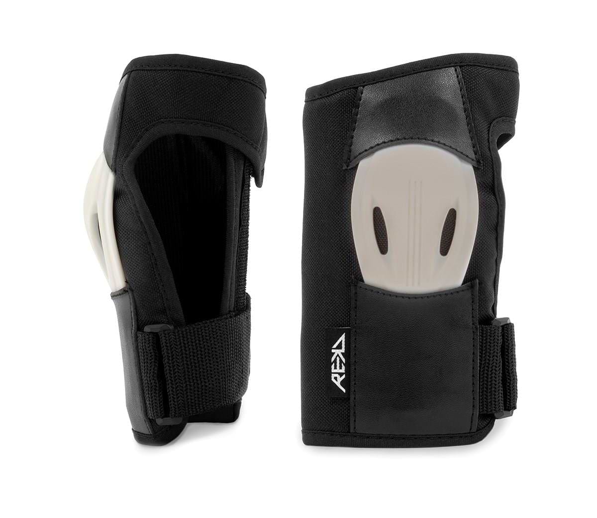 The REKD Shield Triple Skate Protection Pad Set in Black/Beige features high-quality wrist guards with white hard protective plates, adjustable straps, and the REKD logo. Both front and side views are shown.