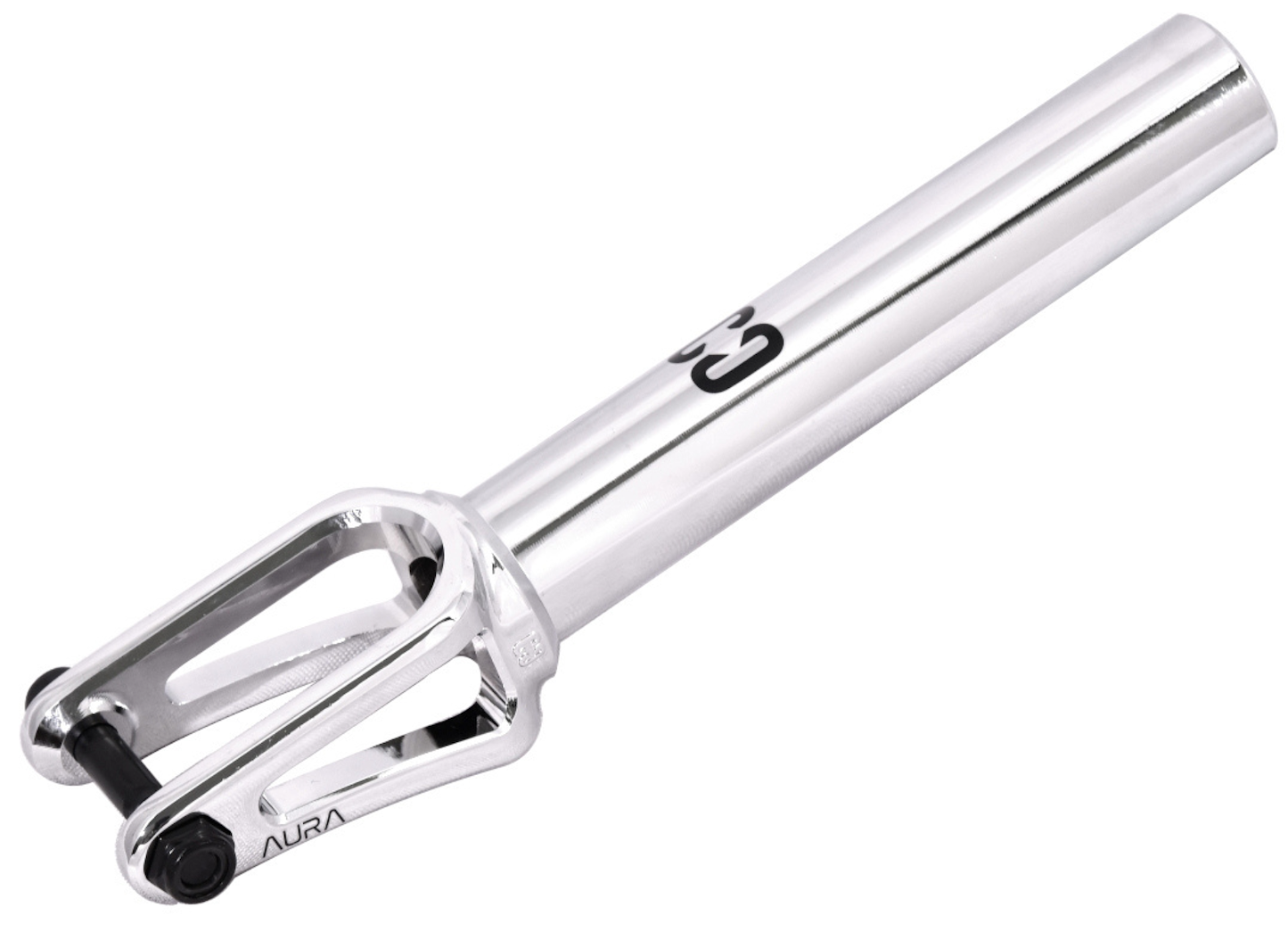 The CORE Aura SCS/HIC Stunt Scooter Forks - Chrome by CORE, crafted from durable 7075 aluminium with a cylindrical body and open cutout for wheel attachment, is shown on a white background.
