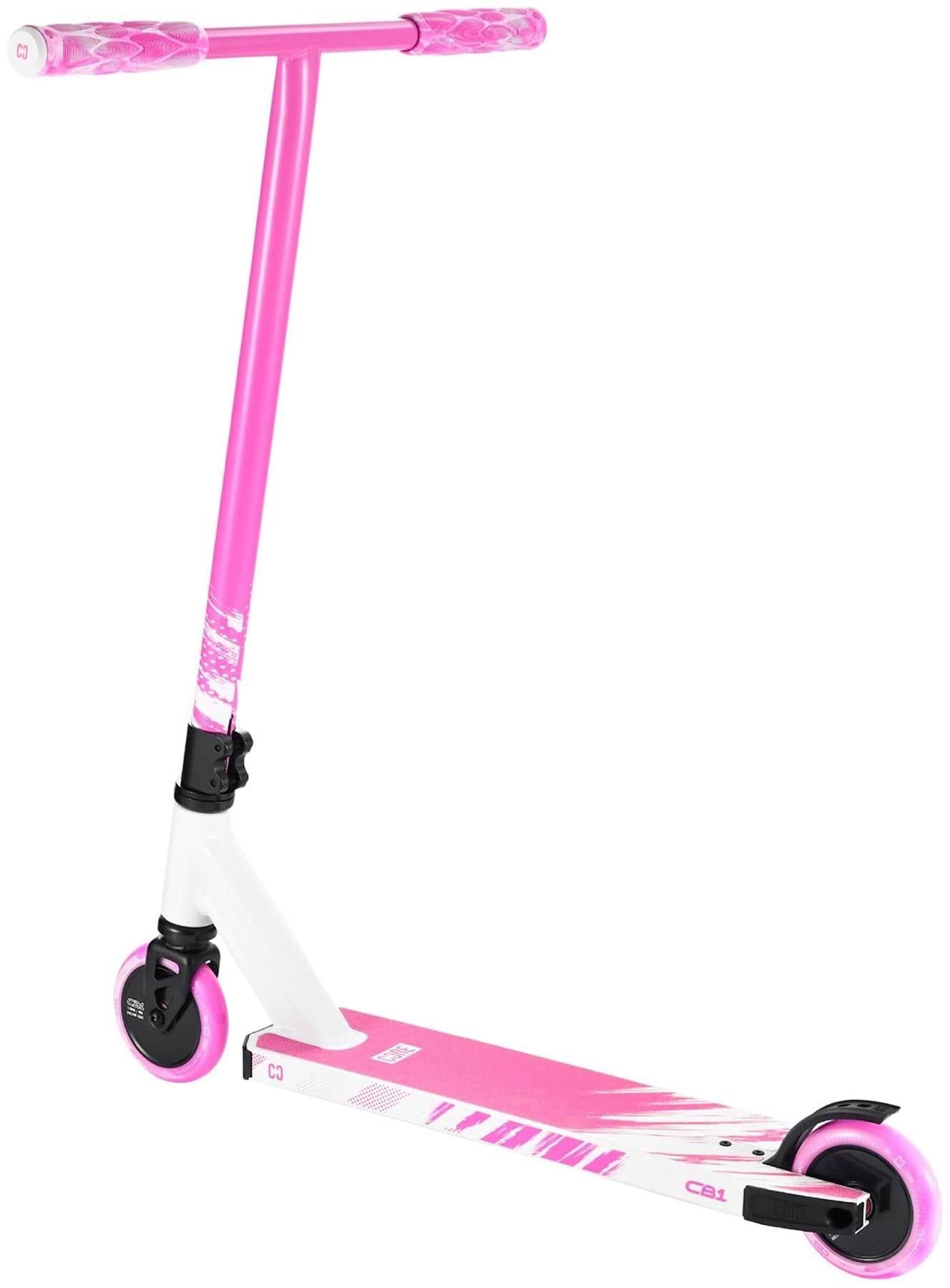 The CORE CB1 Beginner Complete Stunt Scooter by CORE features a white stem, pink handlebars and wheels, and a pink deck with white graphics. Designed for kids or teens, this beginner stunt scooter comes in a stylish white/pink colorway. Shown on a white background.