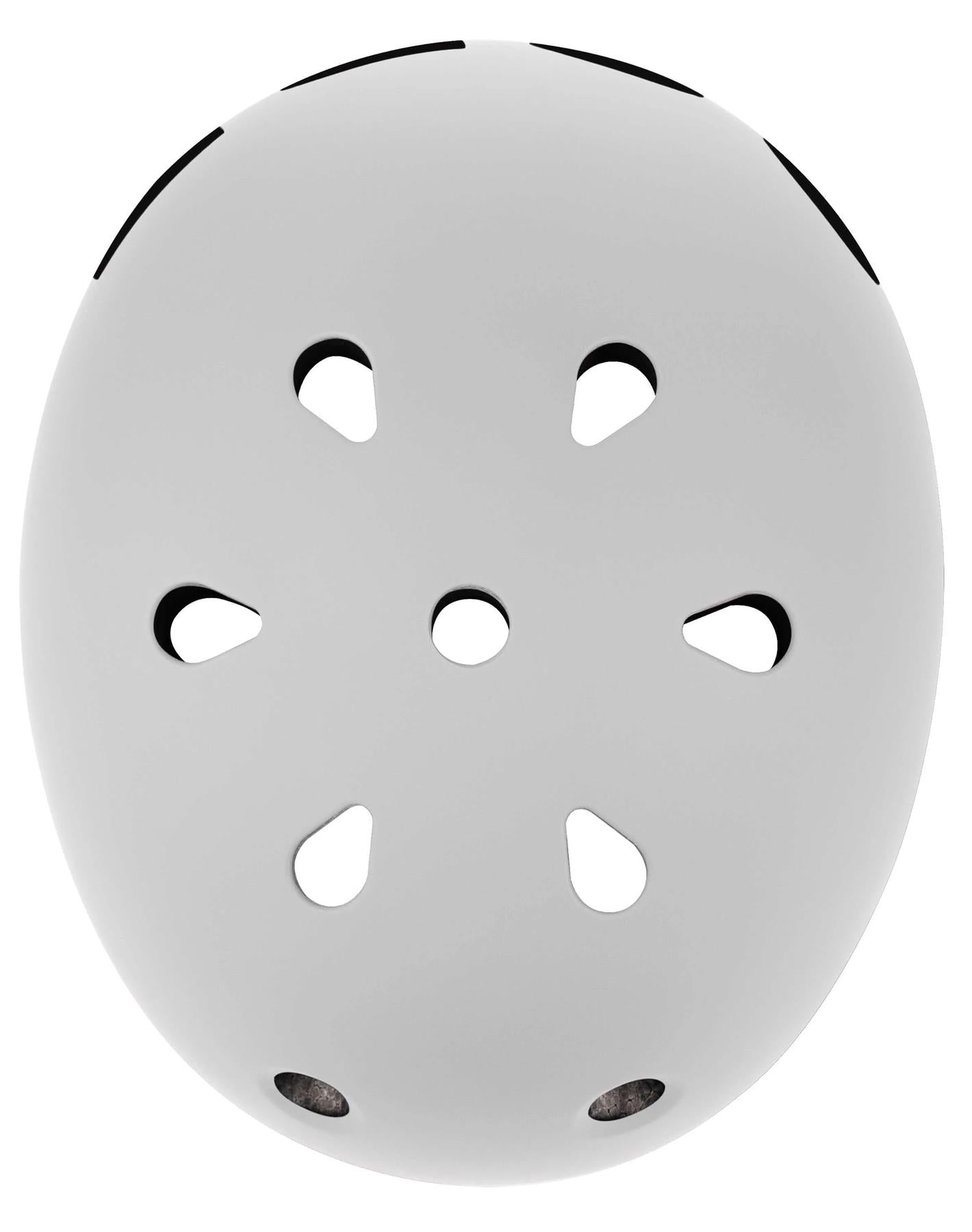 Top view of the CORE Street Skate / Scooter Helmet - White by CORE, featuring six teardrop-shaped vents and a central round hole, ideal for biking or skating.