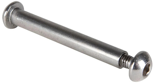 A close-up of the JD Bug Original Rear Axle Bolt by JD Bug, a metal barrel nut and bolt with a cylindrical shaft and flat, round-headed ends, commonly used in furniture assembly or as a replacement part.