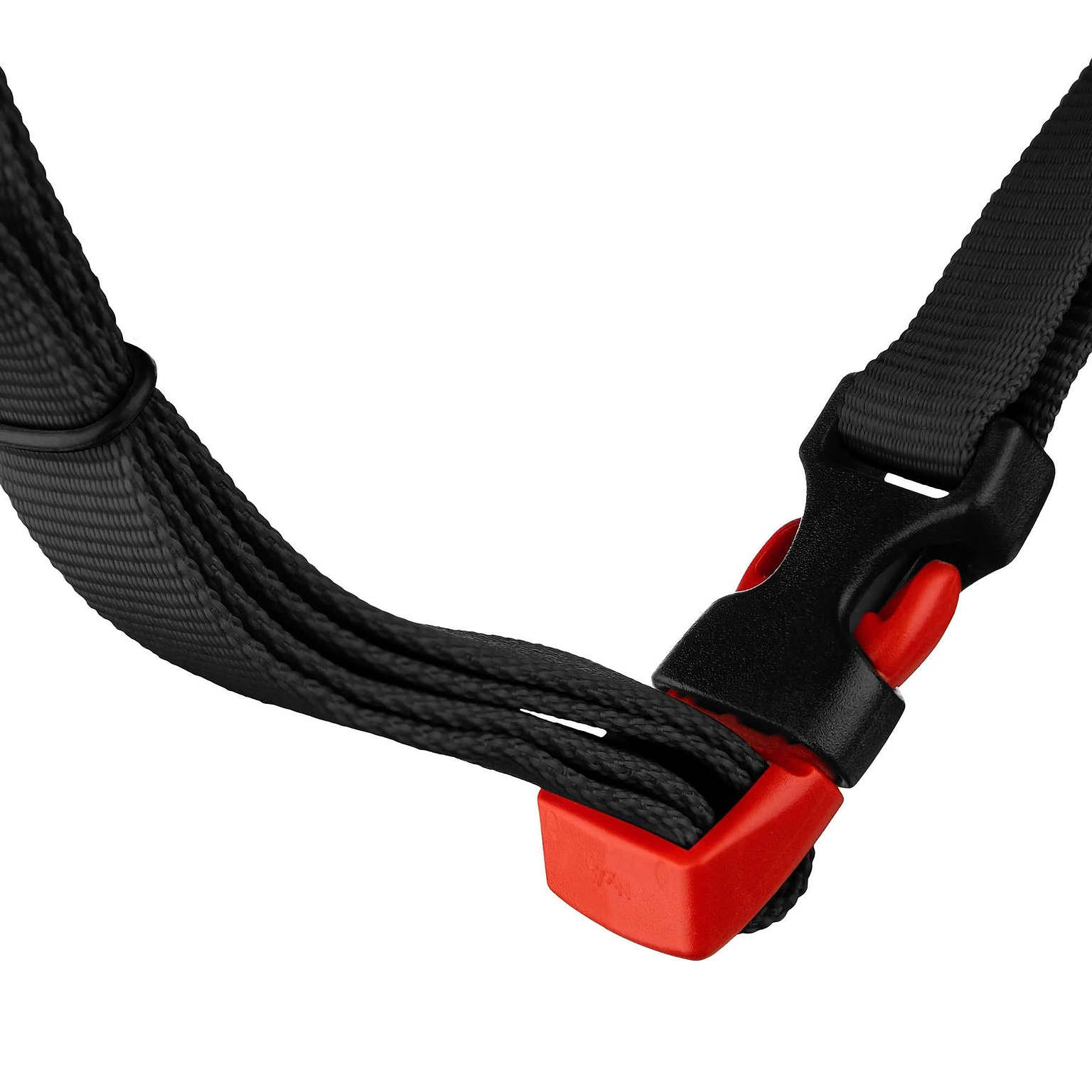 Close-up of a black adjustable strap with a red and black plastic side-release buckle on the CORE Street Skate / Scooter Helmet - White by CORE.