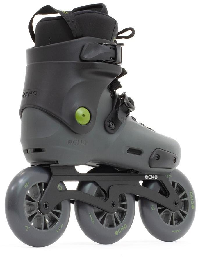 The Echo Sonar 3 Wheel Inline Freeskates by Echo feature a sturdy black and gray plastic boot, secure buckles, green accents, branding, and a wide fit—perfect for city cruising freeskating.