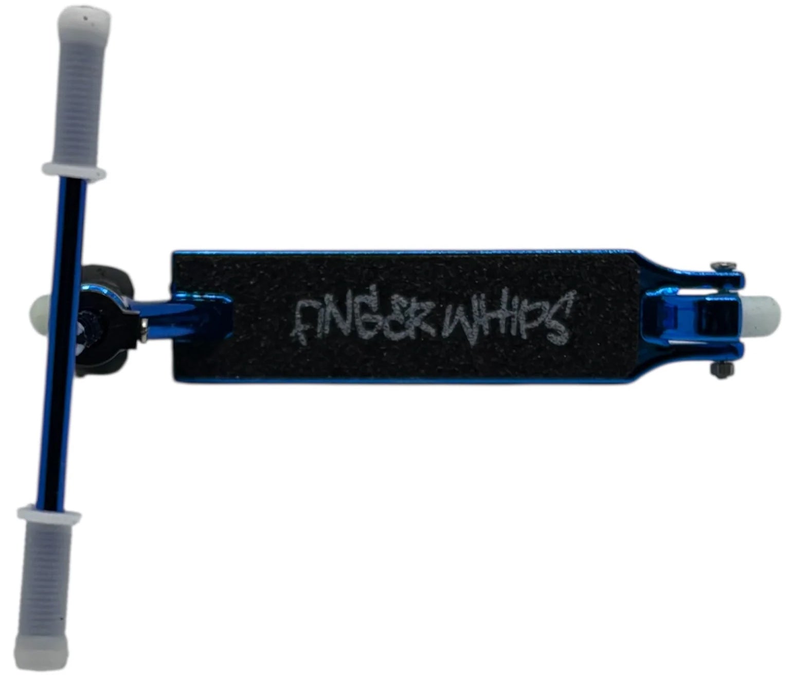 The Finger Whips Finger Toy Scooter - Blue Chrome features grey handle grips and a black grip deck with "FINGER WHIPS" in white graffiti-style letters, perfect for fans of Finger Whips and finger scooters.
