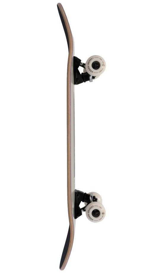 The Arbor Street Revert Daisy Mini Complete Skateboard - 7.5″ x 28.5″ features a curved sustainable Canadian maple deck, black grip tape, and four white wheels with black trucks, perfect for beginners.