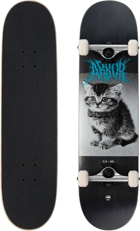 Two skateboards side by side: one shows a black griptape top; the other is the Arbor Street Revert Kitten Complete Skateboard - 8.0″ x 31.75″ with a kitten graphic, blue graffiti text, and white wheels.