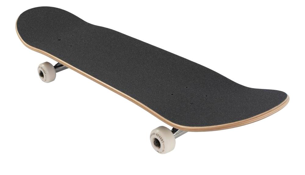 The Arbor Street Revert Kitten Complete Skateboard - 8.0″ x 31.75″ features a black Canadian maple deck, white wheels, and wood-toned edges, displayed on a white background.