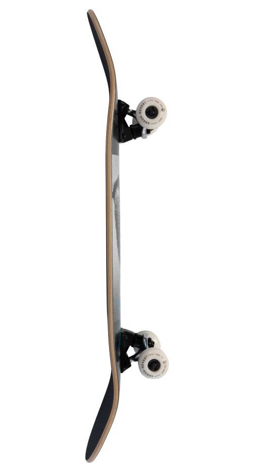 Side view of the Arbor Street Revert Kitten Complete Skateboard - 8.0″ x 31.75″ featuring a Canadian maple deck, black grip tape, exposed wood edges, white wheels, and black trucks.