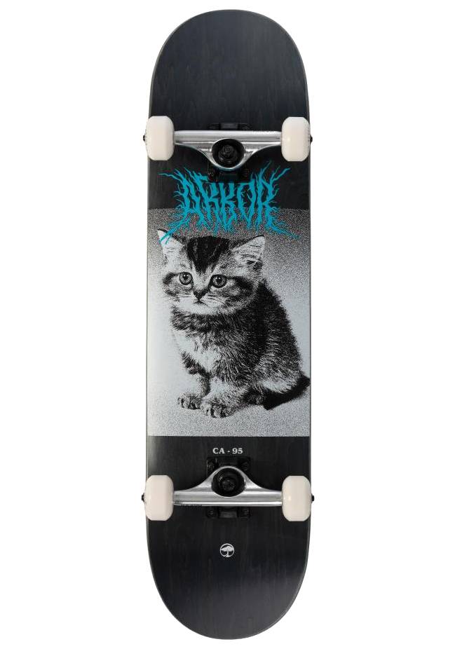 The Arbor Street Revert Kitten Complete Skateboard - 8.0″ x 31.75″ features a black and white kitten graphic with blue text, printed on a sturdy Canadian maple deck.