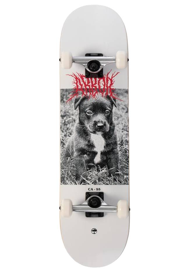 The Arbor Street Revert Puppy Complete Skateboard - 8.25″ x 32″ features a Canadian maple deck with a black and white puppy graphic, red text, and white wheels—ideal for both park and street skating.