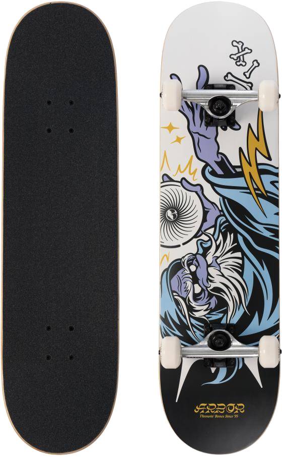 The Arbor Street Revert Wizard Complete Skateboard - 8.25″ x 32″ by Arbor features a plain black grip tape top and dynamic blue-robed artwork with lightning bolts underneath—ideal for street and park skating.