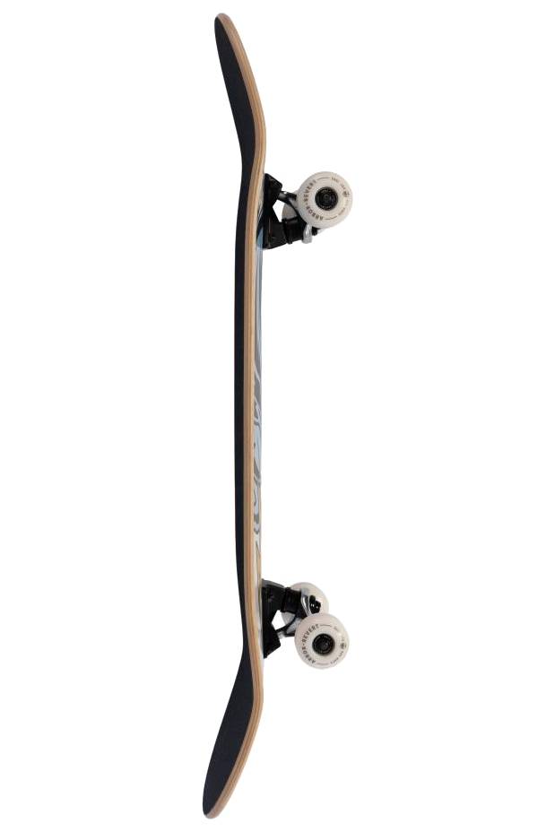 A side view of the Arbor Street Revert Wizard Complete Skateboard - 8.25″ x 32″ with a curved deck, black grip tape, black trucks, and white wheels—ideal for street and park skating against a white background.