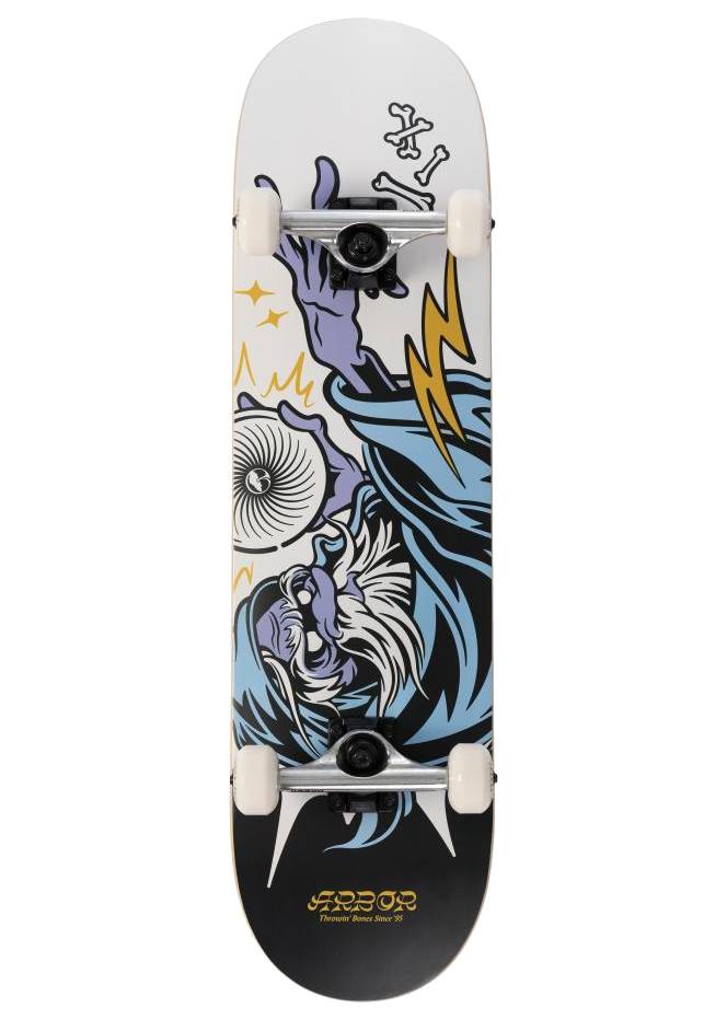 The Arbor Street Revert Wizard Complete Skateboard - 8.25″ x 32″ features white wheels and an illustrated deck with a blue and purple creature, yellow lightning bolts, and the Arbor brand near the bottom—ideal for street or park skating.