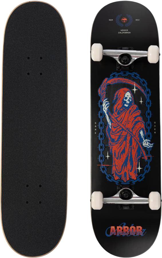 The Arbor Street Revert Reaper Complete Skateboard - 8.5″ x 32.125″ shows a red-robed grim reaper with a blue chain on its Canadian maple deck; the top features plain black grip tape.