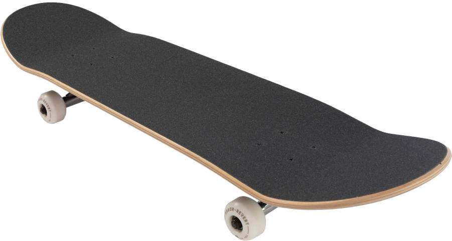 A black Arbor Street Revert Reaper Complete Skateboard - 8.5″ x 32.125″ by Arbor, featuring a sustainable Canadian maple deck, wooden edge, and white wheels is viewed from an angle.
