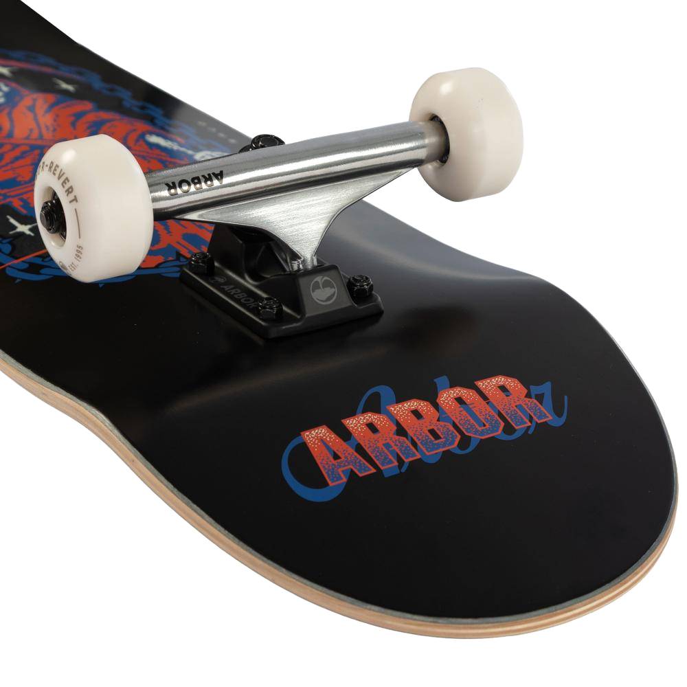 Close-up of the Arbor Street Revert Reaper Complete Skateboard - 8.5″ x 32.125″ deck showing “ARBOR” in red and blue, white wheels, silver trucks, and a vibrant graphic on its Canadian maple deck by Arbor.