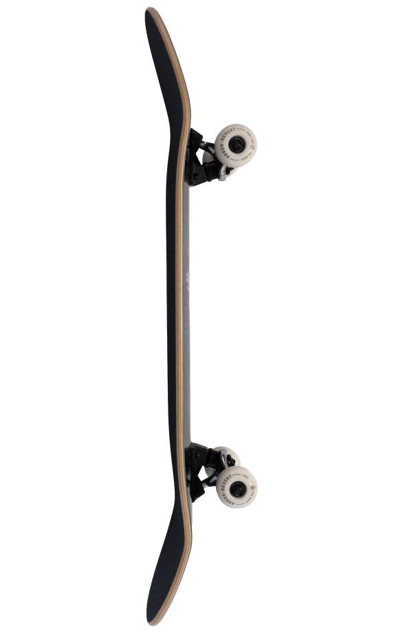 The Arbor Street Revert Reaper Complete Skateboard - 8.5″ x 32.125″ is shown side-on, with a sustainable Canadian maple deck, black grip tape, white wheels on black trucks, all set against a white background.