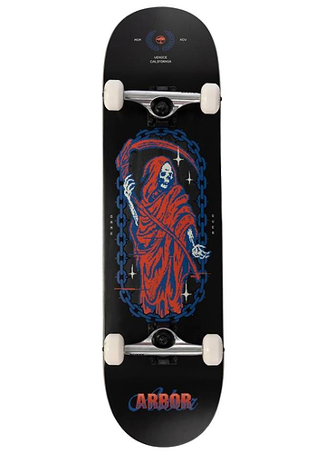 The Arbor Street Revert Reaper Complete Skateboard - 8.5″ x 32.125″ by Arbor features a wide black deck, red and blue Grim Reaper graphic, chain border on Canadian maple, and white wheels.