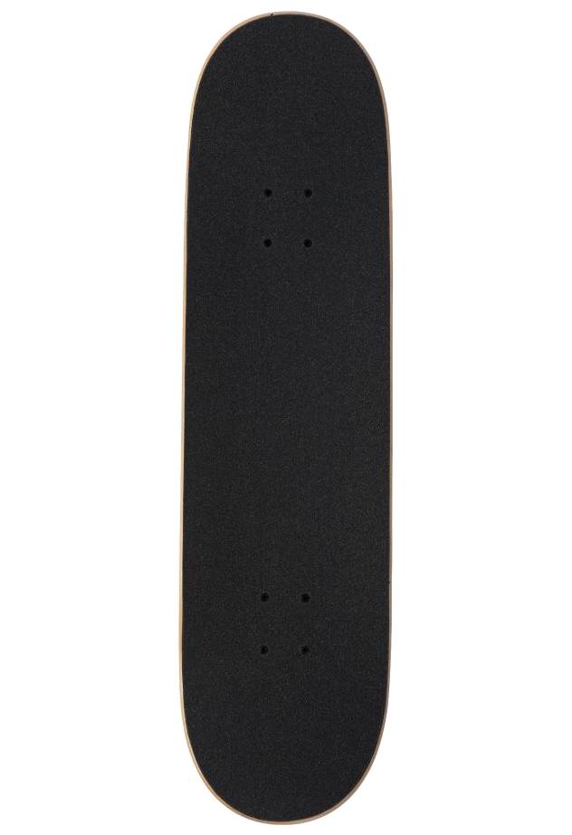 The Arbor Street Revert Reaper Complete Skateboard - 8.5″ x 32.125″ features a black sustainable Canadian maple deck with plain grip tape and pre-drilled holes for trucks, viewed from above.