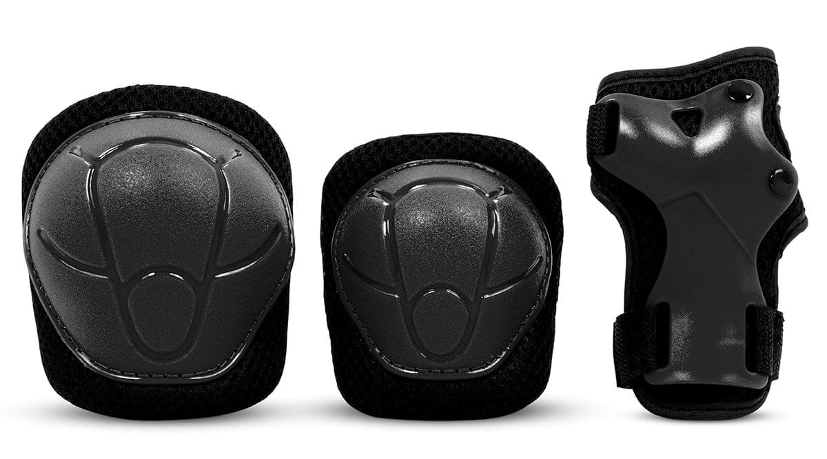 The SFR Essentials Youth Triple Pad Set V2 - Black by SFR includes elbow pads, knee pads, and wrist guards with hard plastic shells, providing protective gear for kids during skateboarding or biking. Displayed against a white background.