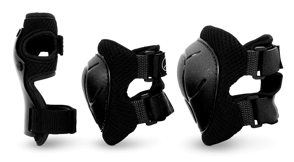 The SFR Essentials Youth Triple Pad Set V2 in Black features three black wrist guards with adjustable straps and hard plastic protection, shown from multiple angles—an essential part of SFR's youth skating pad set.