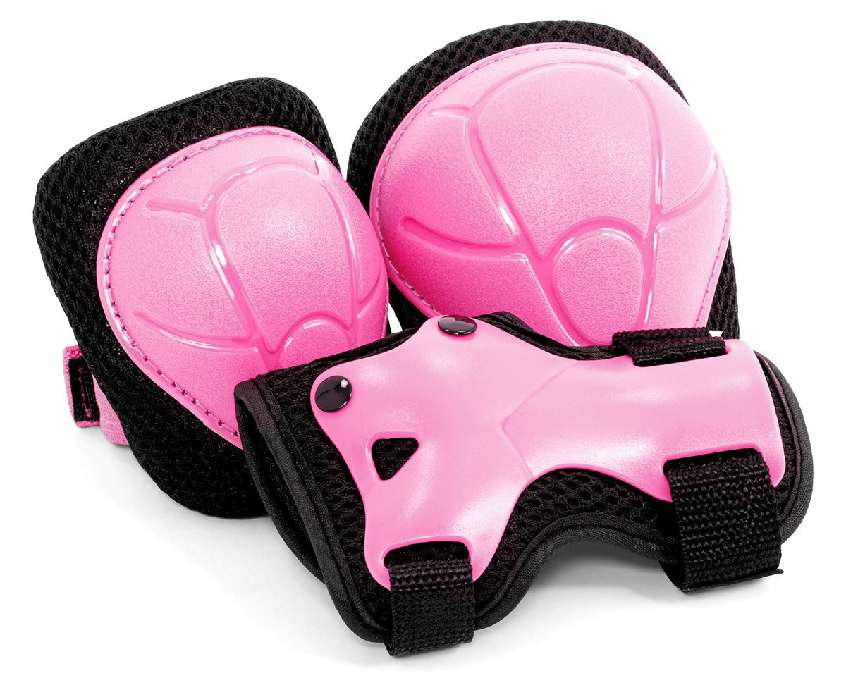 The SFR Essentials Youth Triple Pad Set V2 in Pink by SFR features skating pads and a wrist guard with black straps, designed to protect kids during skating or biking, and is shown against a white background.