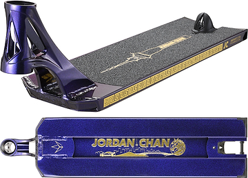 Featuring a striking purple finish with gold accents, the Blunt Envy AOS V6 Jordan Chan Signature Stunt Scooter Deck (6.5″ x 22.5″) showcases grip tape adorned with a city skyline and “JORDAN CHAN” in gold lettering. The underside highlights the same name alongside a dragon and skyline graphic, delivering unique style and stand-out performance for riders seeking something special from Blunt Envy’s signature series.
