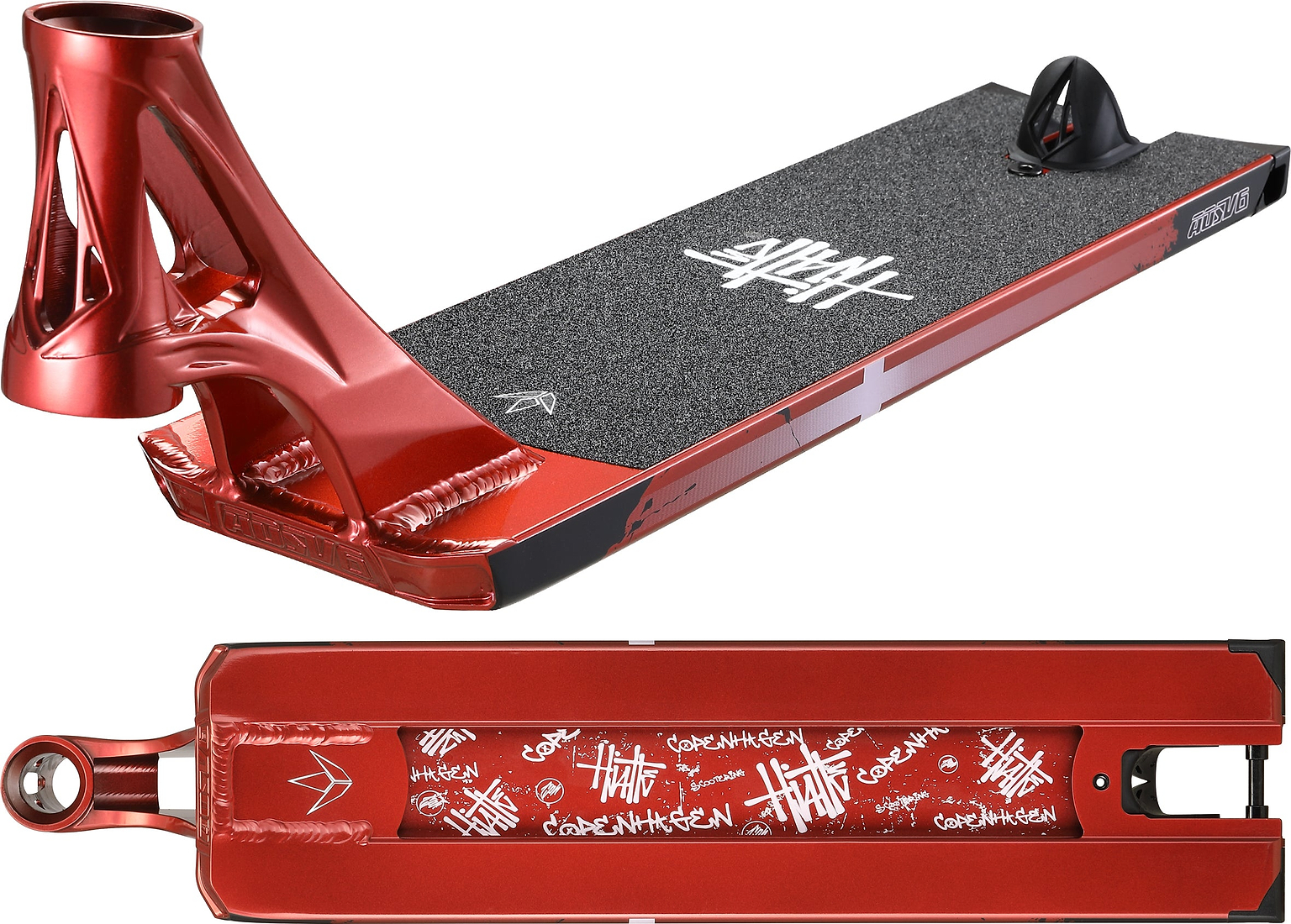 Blunt Envy AOS V6 Happy Hjalte Signature stunt scooter deck (5.5″ x 21″) in red, featuring black grip tape and white graphics on the top and underside, with angular metallic edges and front cutouts. “Copenhagen” and a white Hjalte Signature logo appear on the bottom graphic.