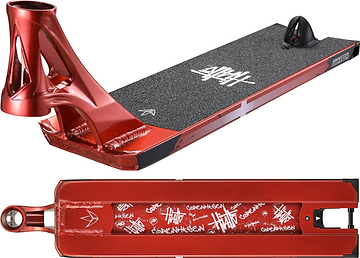 Blunt Envy AOS V6 Happy Hjalte Signature stunt scooter deck (5.5″ x 21″) in red, featuring black grip tape and white graphics on the top and underside, with angular metallic edges and front cutouts. “Copenhagen” and a white Hjalte Signature logo appear on the bottom graphic.