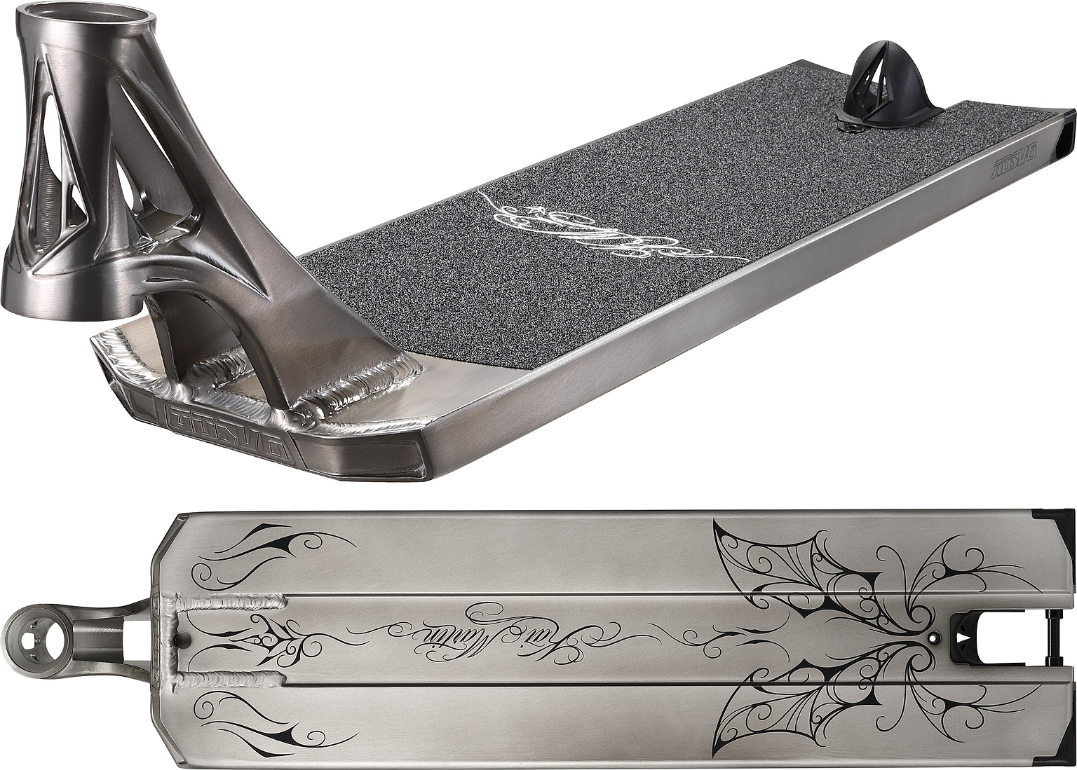 A Blunt Envy AOS V6 Kai Martin Signature stunt scooter deck in silver, featuring black grip tape on the top and engraved decorative patterns underneath, shown from both angled and bottom perspectives.