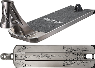 A Blunt Envy AOS V6 Kai Martin Signature stunt scooter deck in silver, featuring black grip tape on the top and engraved decorative patterns underneath, shown from both angled and bottom perspectives.