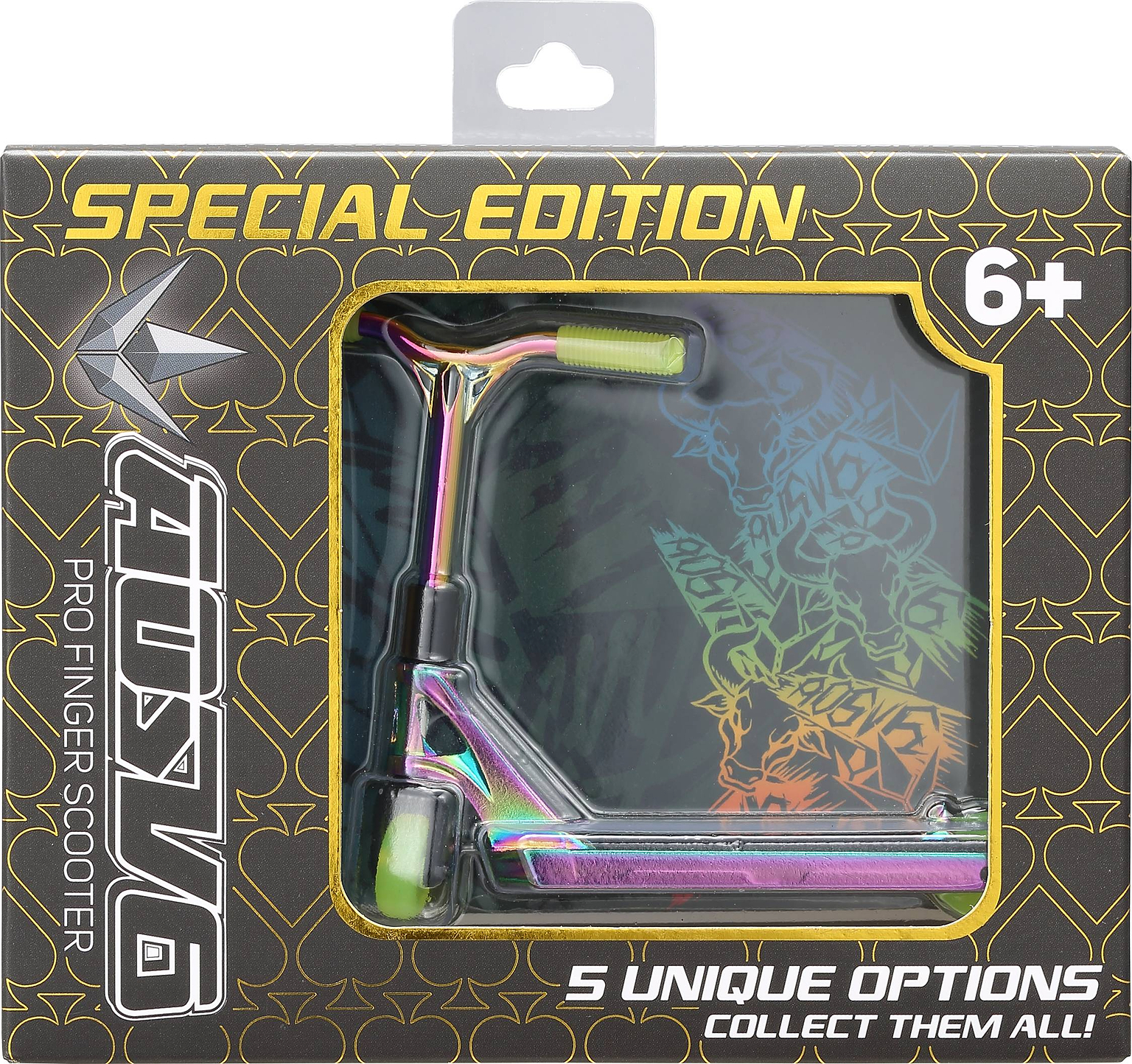 Toy packaging for the Blunt Envy AOS V6 Special Edition Finger Scooter - Charge, for ages 6+, features a multicolor design and highlights “5 unique options” to collect.