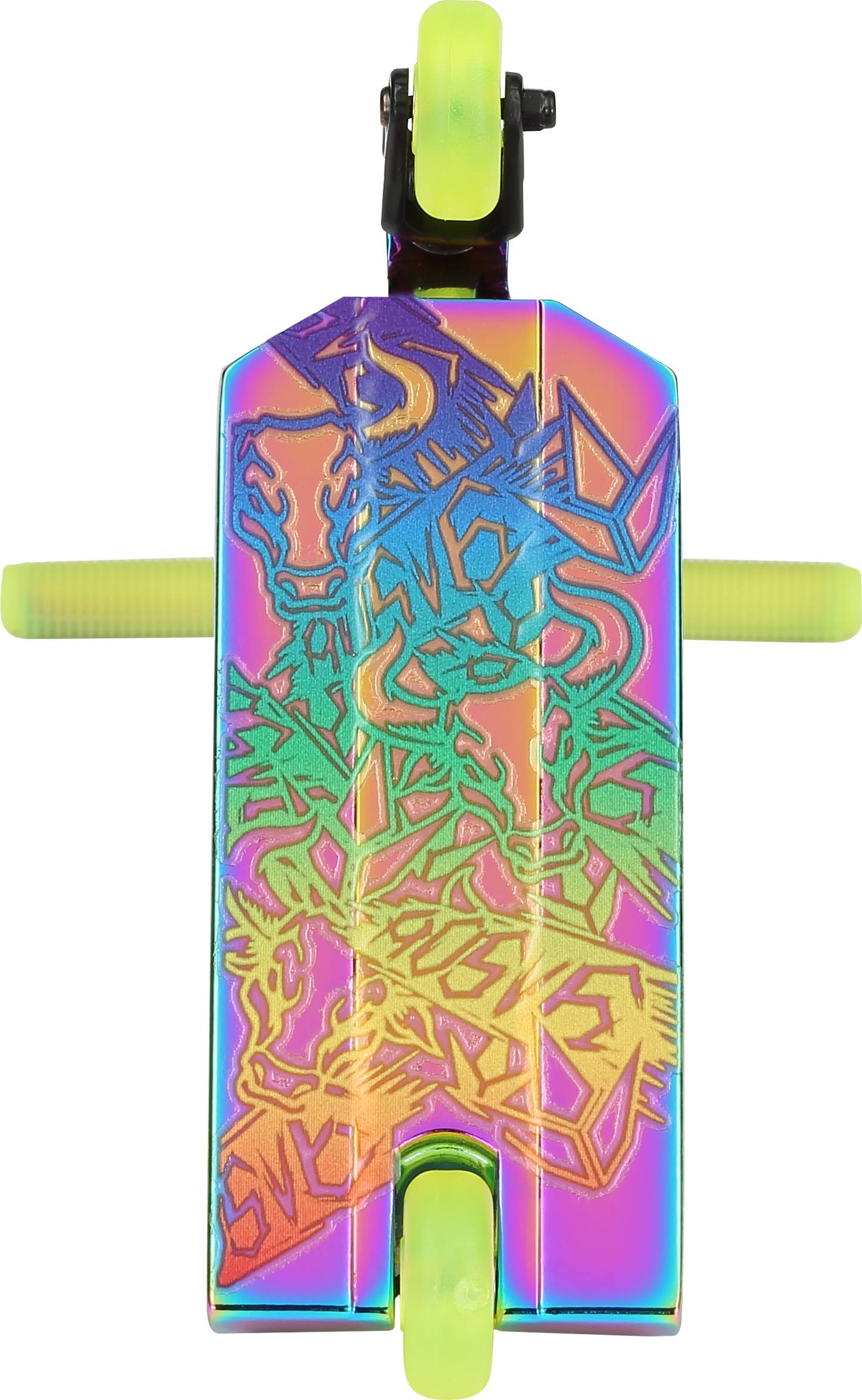The Blunt Envy AOS V6 Special Edition Finger Scooter - Charge features neon yellow wheels, rainbow metallic finish, and graffiti-style abstract dragon art on the deck, viewed from above.