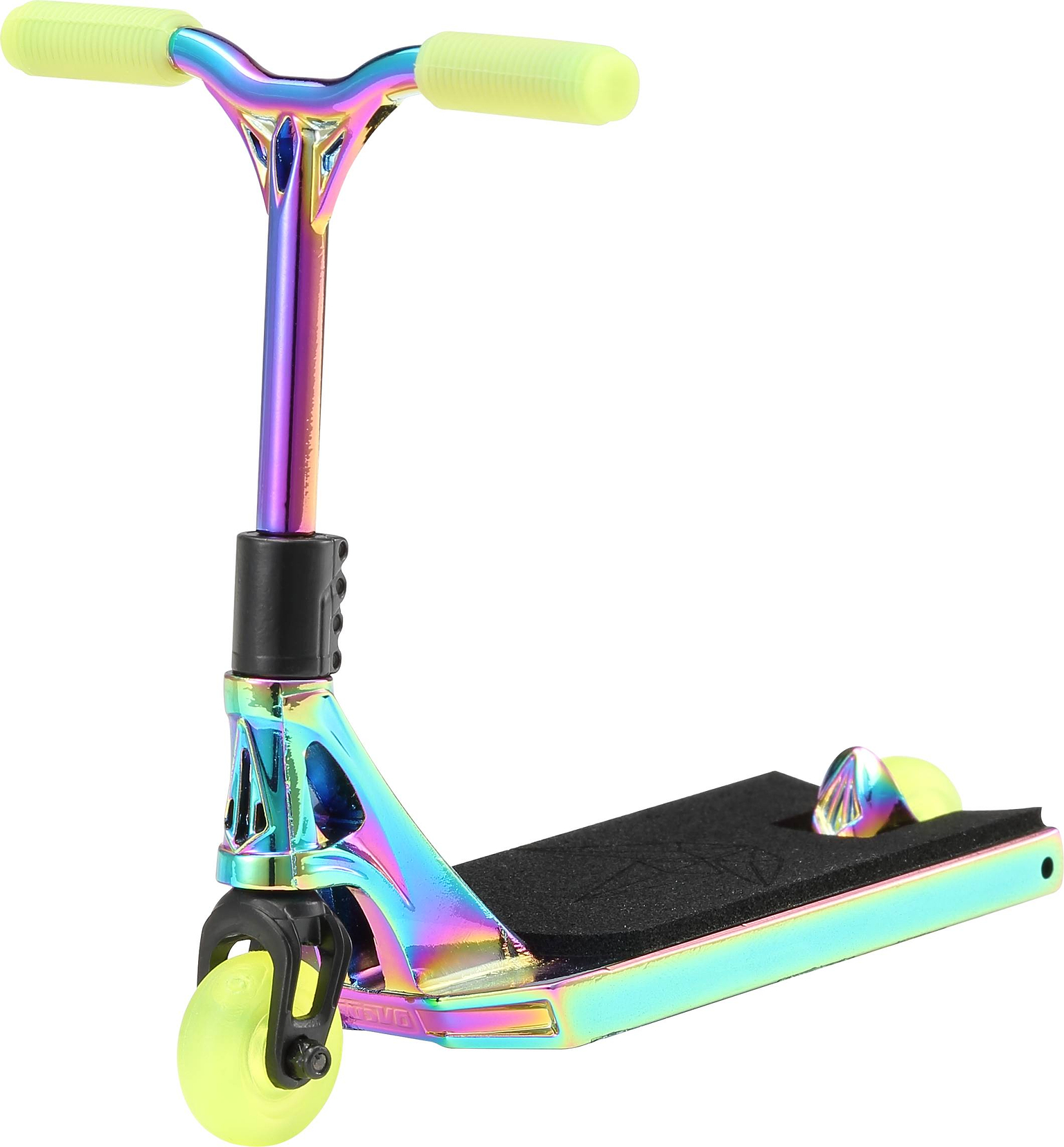 The Blunt Envy AOS V6 Special Edition Finger Scooter - Charge features an iridescent deck with neon yellow handlebars, front wheel, and rear wheel guard, all showcased on a white background.