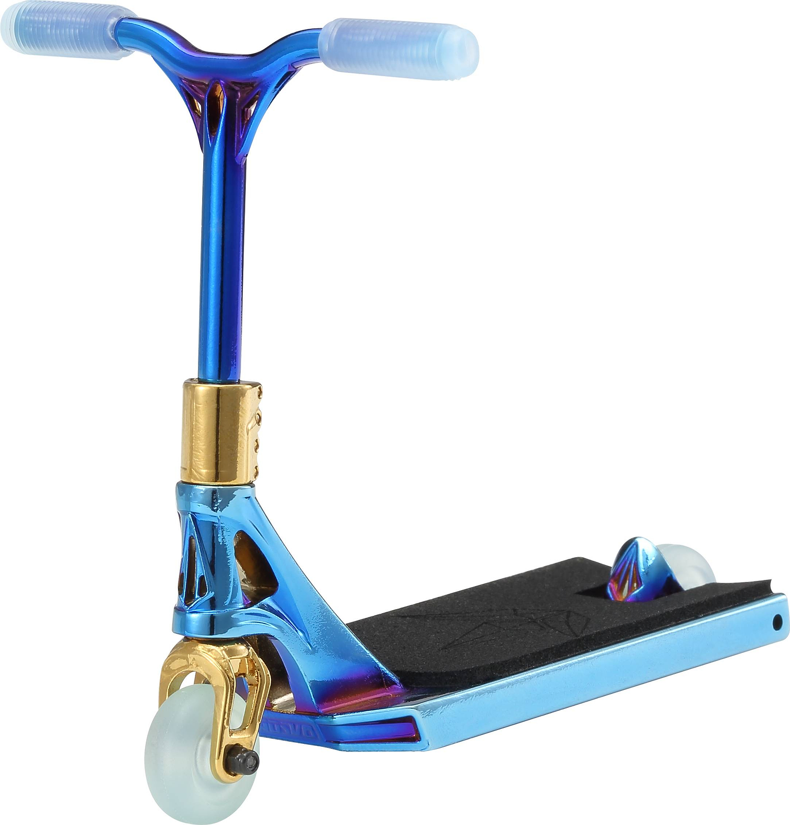A metallic blue and gold Blunt Envy AOS V6 Special Edition Finger Scooter - Heist with clear grips and wheels, shown on a white background.
