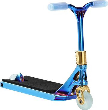 The Blunt Envy AOS V6 Special Edition Finger Scooter - Heist features a blue metallic finish with gold accents, black grip tape with a King of Spades graphic, and clear wheels, shown on a white background.