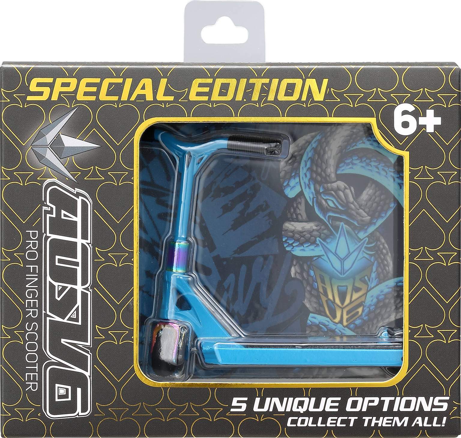 Blunt Envy AOS V6 Special Edition Finger Scooter - Python, in blue packaging with dragon graphic, for ages 6+. Text: “5 unique options, collect them all!”.