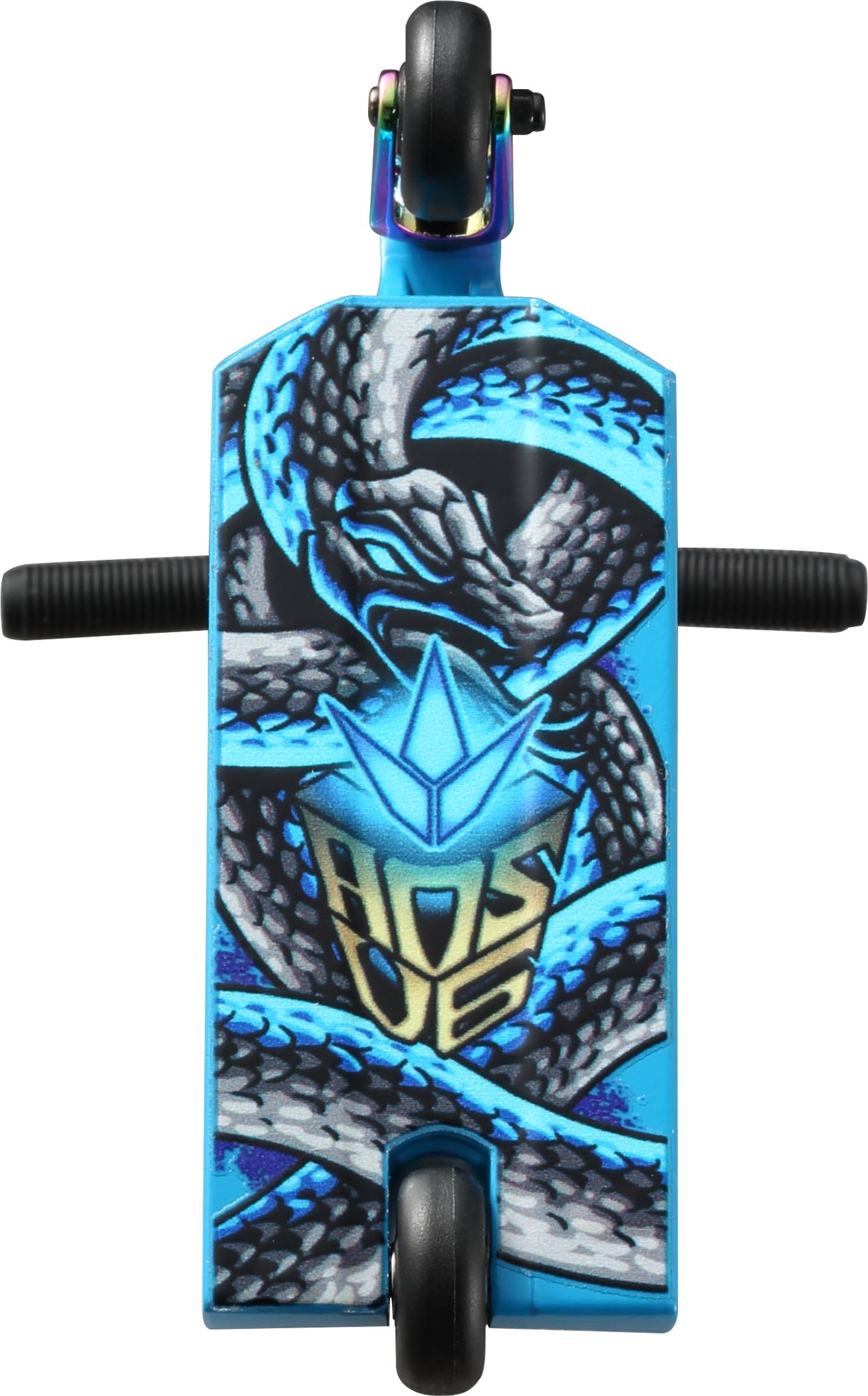 The Blunt Envy AOS V6 Special Edition Finger Scooter - Python features a blue deck, black grips, an illustrated snake design, and a stylized crown logo with “HOUSE” on the bottom.