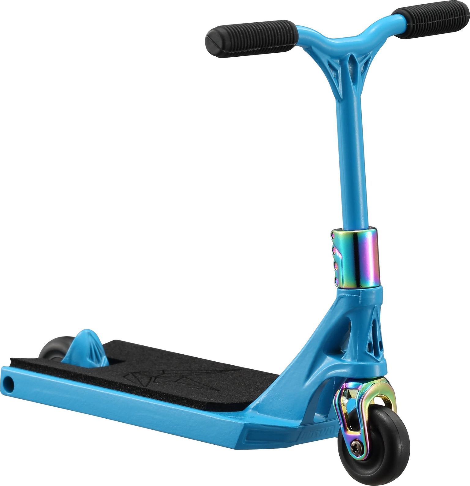 The Blunt Envy AOS V6 Special Edition Finger Scooter - Python features a blue deck, black handlebar grips, black grip tape, rainbow accents by the wheels, two black wheels, and a sturdy T-bar handle.
