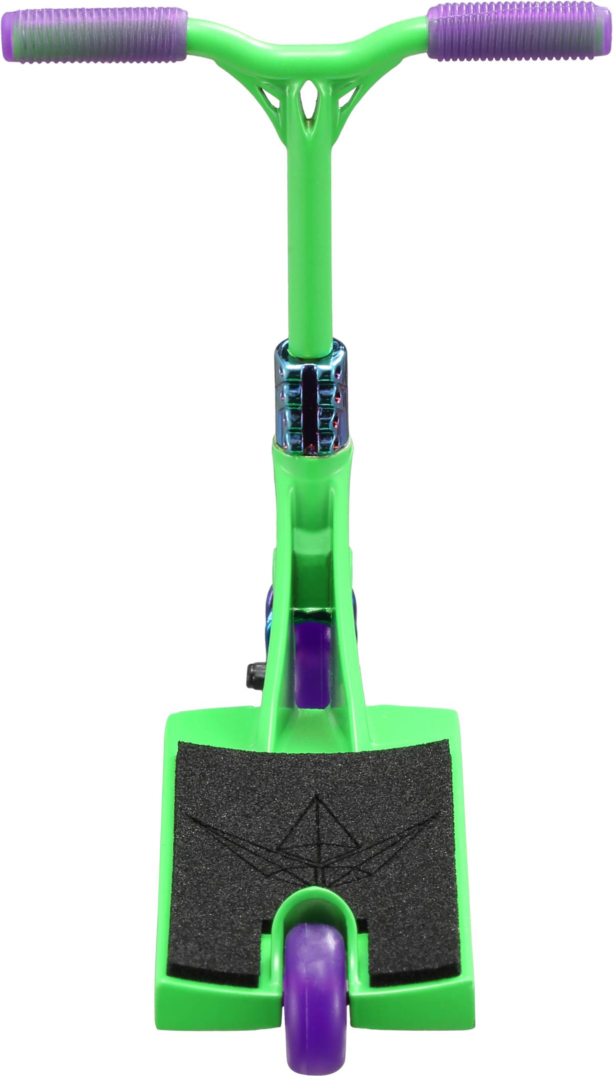 Blunt Envy AOS V6 Special Edition Finger Scooter - Reaper pictured front-on in green and purple, featuring purple handlebars and wheels with a black footboard grip, inspired by the Reaper’s sleek design.