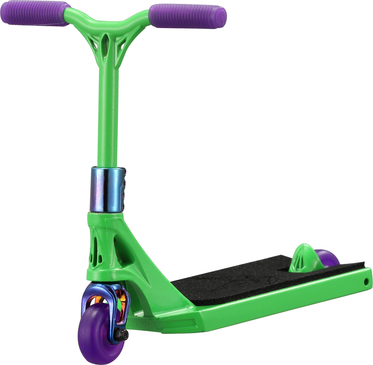 The Blunt Envy AOS V6 Special Edition Finger Scooter - Reaper features a green body, purple handlebars and wheels, a black foot deck, and a metallic blue clamp on the front wheel and handlebar stem.