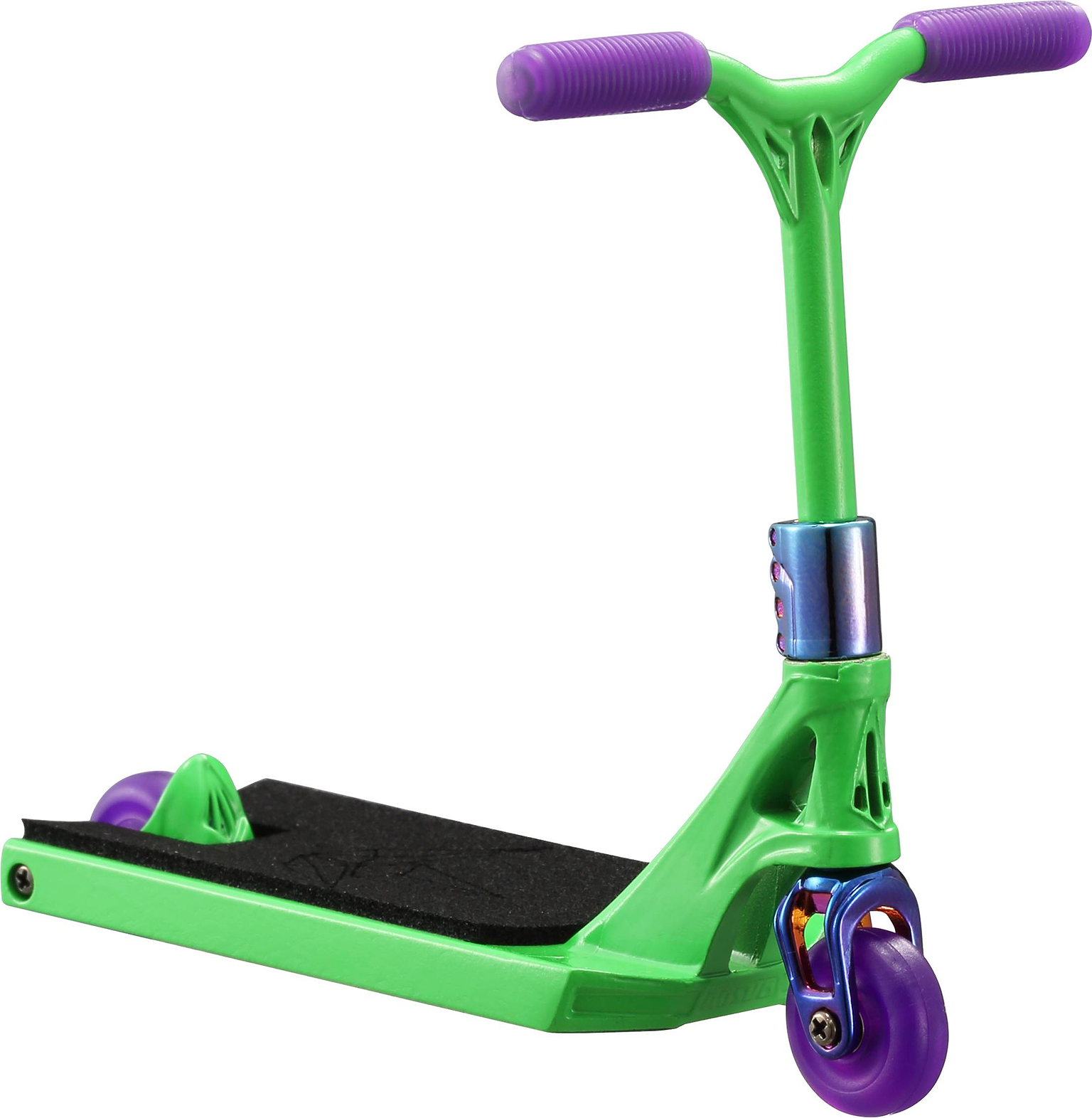 The Blunt Envy AOS V6 Special Edition Finger Scooter - Reaper features a green design with purple handlebar grips and wheels, a black footboard, and a metallic blue neck clamp, shown against a white background.