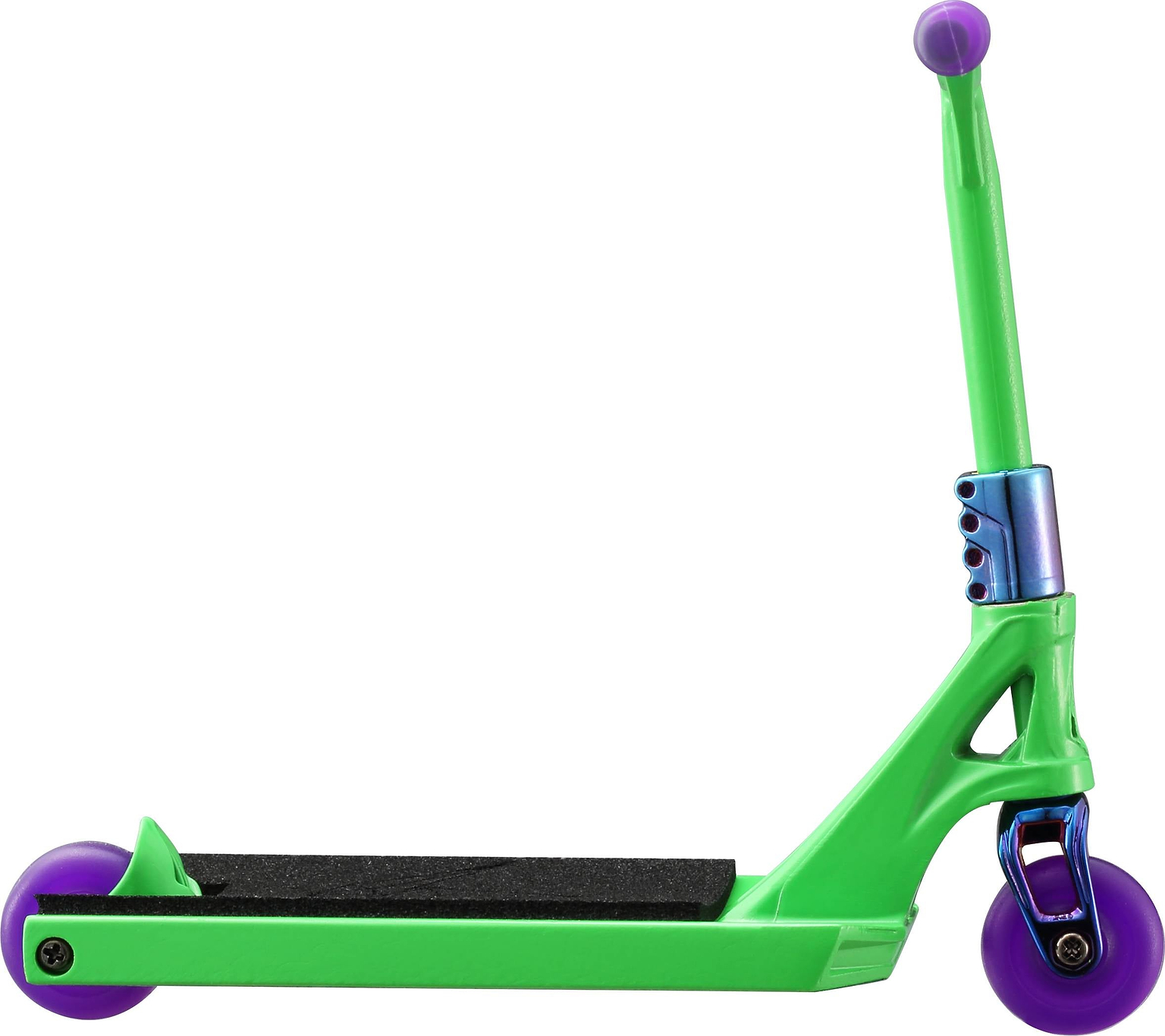 The Blunt Envy AOS V6 Special Edition Finger Scooter - Reaper features a green deck, purple wheels, and matching purple handlebar grips, displayed side-on against a white background.