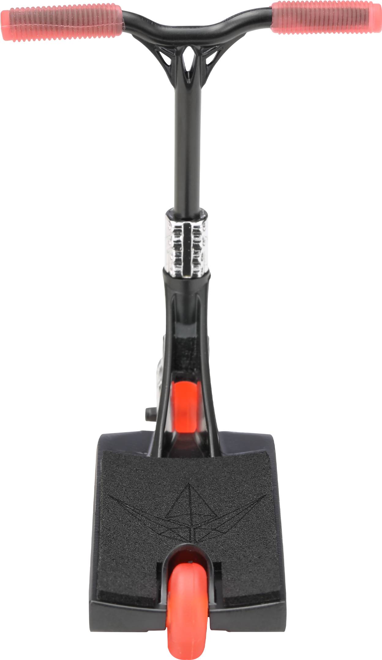 Front view of the Blunt Envy AOS V6 Special Edition Finger Scooter - Viper with red handle grips, a red front wheel, and a textured, non-slip deck.
