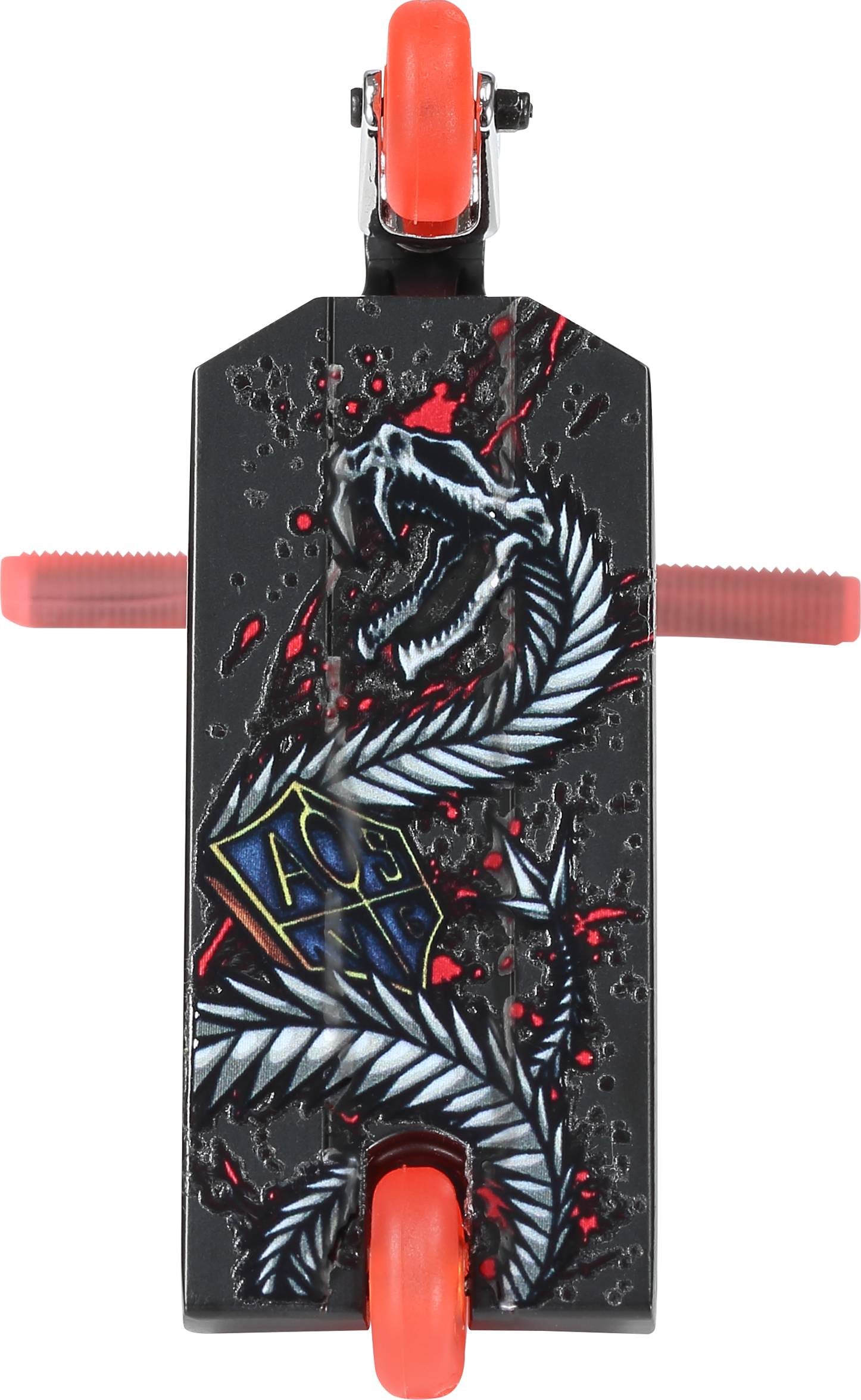 The Blunt Envy AOS V6 Special Edition Finger Scooter - Viper features a black deck with a fierce snake graphic, silver fern leaves, red splatters, bold geometric shapes, plus red wheels and handlebar grips.