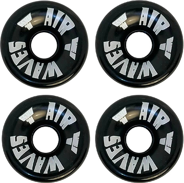 Set of eight Airwaves 78A Quad Roller Skate Wheels - Black 65mm x 36mm, featuring “AIR WAVES” in white on each durable polyurethane wheel—ideal for outdoor skating.
