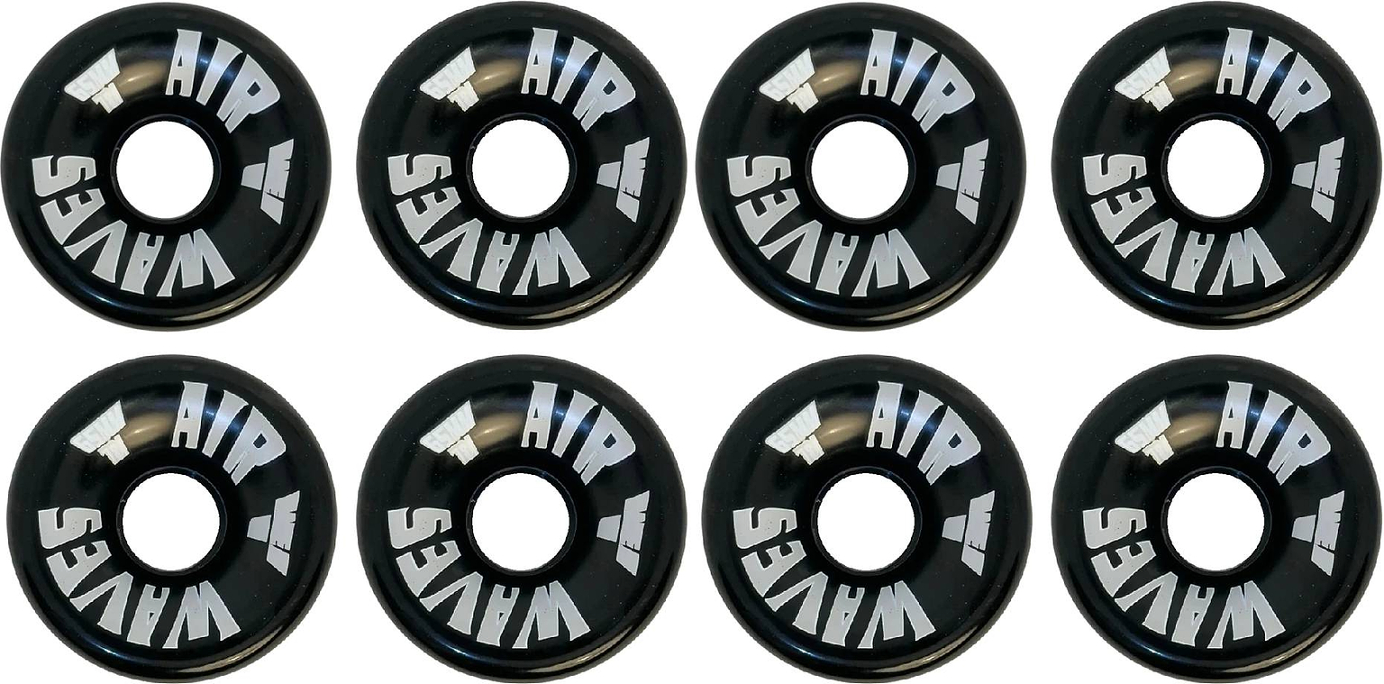 Eight Airwaves 78A Quad Roller Skate Wheels - Black 65mm x 36mm (8 Pack) are set in two rows of four, each featuring “AIR WAVES” in white and light blue on the edge.
