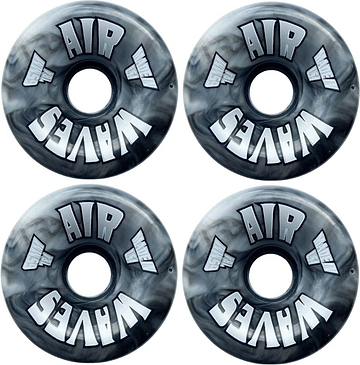 Eight Airwaves 78A Quad Roller Skate Wheels - Black Swirl 65mm x 36mm, featuring bold white “AIR WAVES” lettering—ideal for outdoor skating.