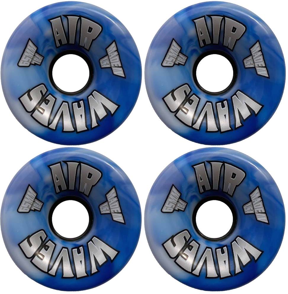 Eight blue Airwaves 78A Quad Roller Skate Wheels - Blue Swirl 65mm x 36mm are shown in a square, each with “AIR WAVES” in bold black and silver on a dark-to-light blue swirl background.